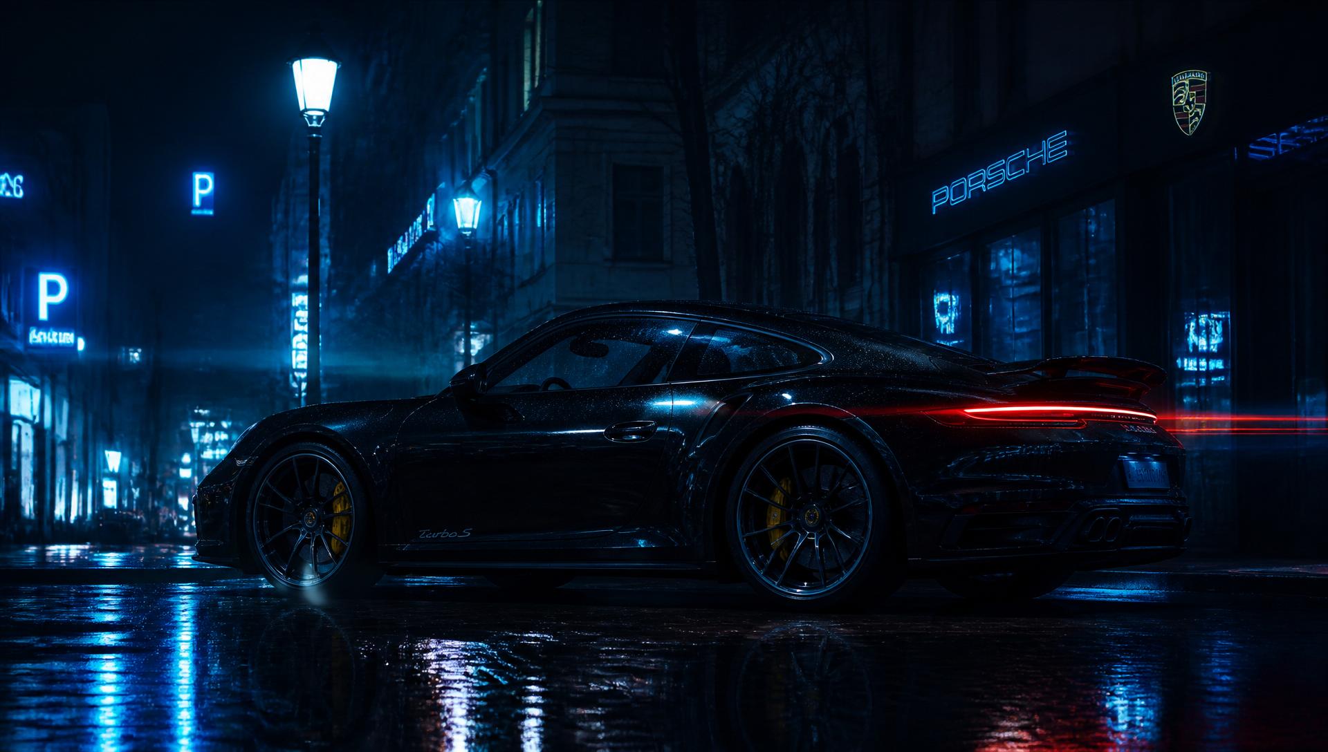 Black Porsche 911 Turbo S at night